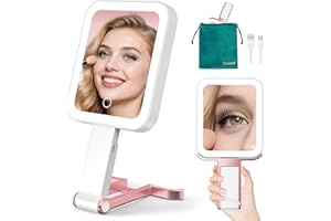Mocado Travel Makeup Mirror with Lights,10X/1X Magnifying Mirror with Light, Double Sided Travel Mirror with 3 Color Light,Dimmable Touch,Lighted Makeup Mirror for Tabletop,Handheld,Hanging(Rose Gold)