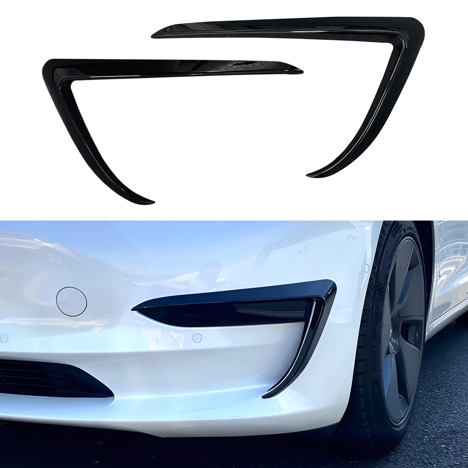 Photo 1 of Tesheer for Model 3 Front Fog Light Trim Cover Carbon Fiber Fog Light Cover for Tesla 2017-2023 Model 3 Eyebrow Spoiler Accessories Fog Lamp Frame Blade Trim (Glossy Black)