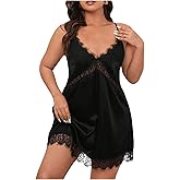 WDIRARA Women's Plus Size Satin Nightgown Lace Trim Backless V Neck Sexy Chemise