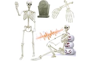 DINESIL 5.4ft/165cm Halloween Skeleton, Life Size Posable Skeleton with Glowing Eyes Creepy Sound, Full Body Realistic Human Bones with 2 Arm Stake for Halloween Indoor Outdoor Haunted House Decoration