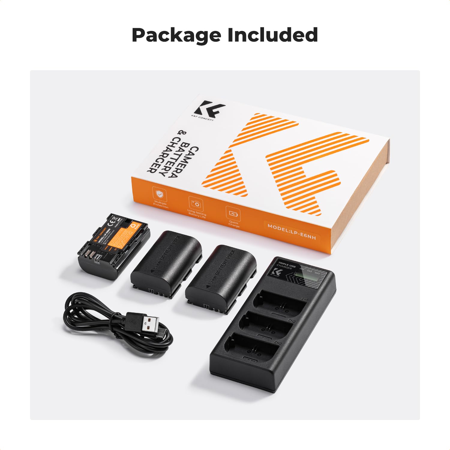 K&F CONCEPT 3-Pack LP-E6NH Battery and Triple Slot Charger Compatible with Canon EOS R7, R6, R5, R, 6D Mark II, 5D Mark IV, 5D Mark III, 5DS, 5DS R, 5D Mark II, 80D, 90D, 6D, 7D, 7D Mark II, 2250mAh