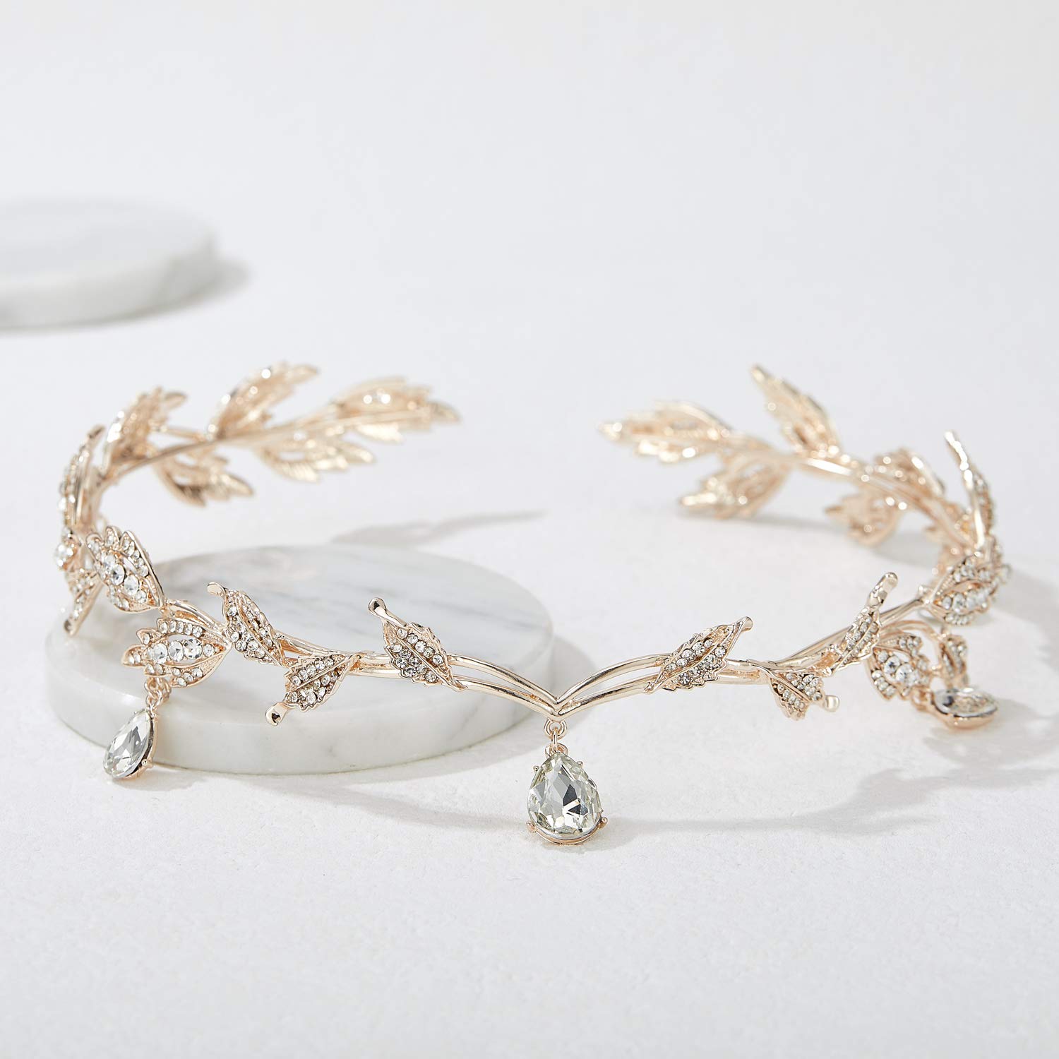 Remedios Rhinestone Leaf Wedding Tiara Headband for Brides, Rose Gold Crown Headband for Pageants Wedding Prom Birthday : Beauty