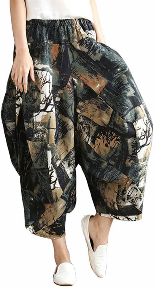 LvRaoo Womens Elastic Waist Linen Harem Pants Hippy Boho Loose Baggy Lantern Capris Trousers