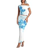 WDIRARA Women's 2 Piece Outfits Floral Print One Shoulder Crop Top Bodycon Ruched Maxi Skirt Set