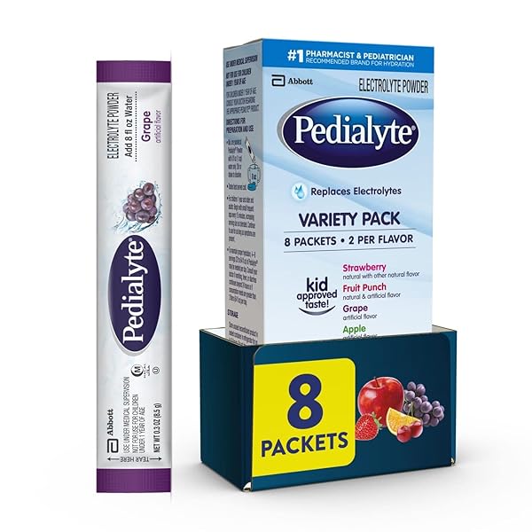 PEDIALYTE ELECTROLYTE POWDER | HYDRATION DRINK FOR KIDS & ADULTS | VARIETY PACK: GRAPE, STRAWBERRY FRUIT PUNCH, AND APPLE, 8 POWDER PACKETS