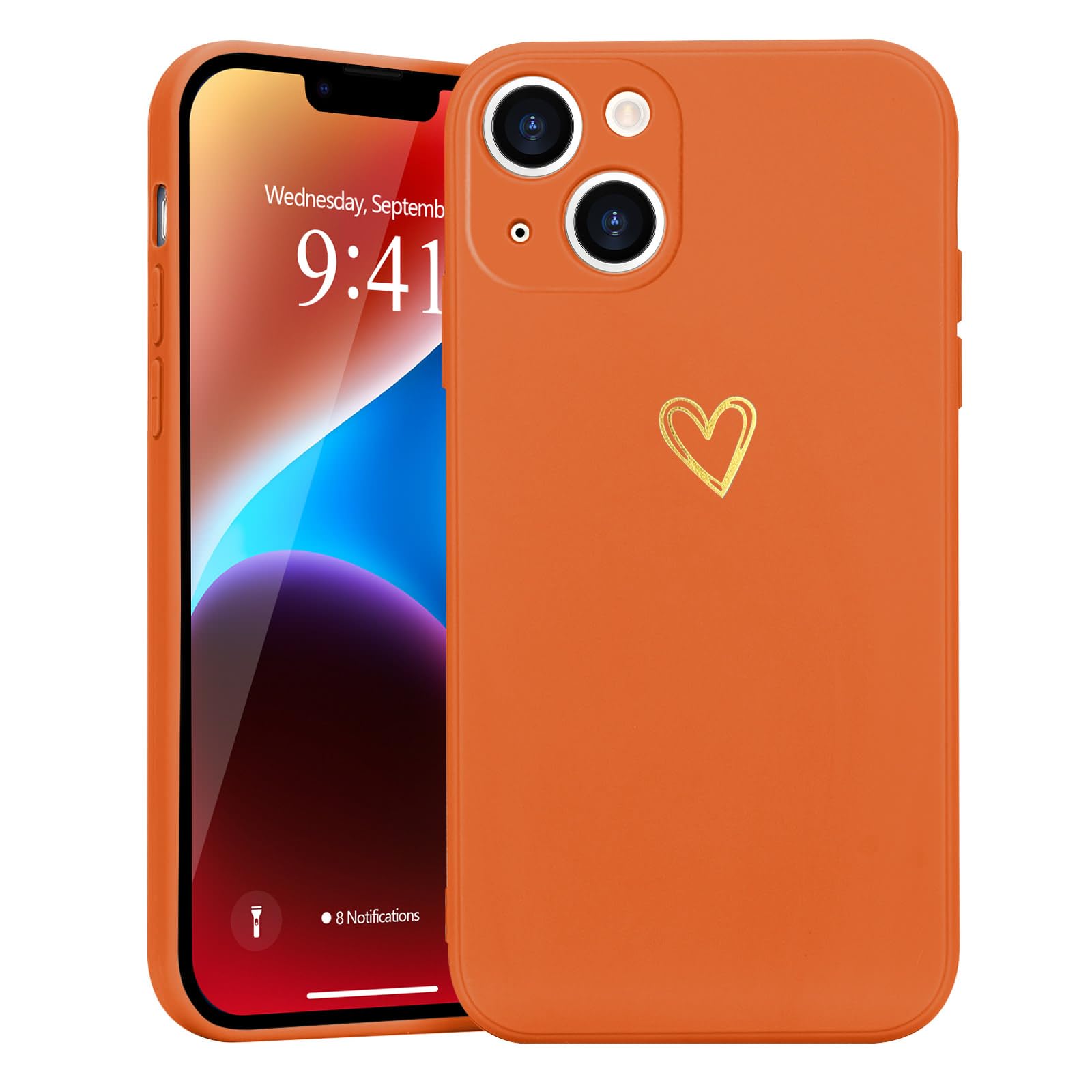 Wirvyuer for iPhone 14 Plus Case with Cute Heart Pattern Soft Shockproof Protective Silicone Phone Case for Women Girls,Orange