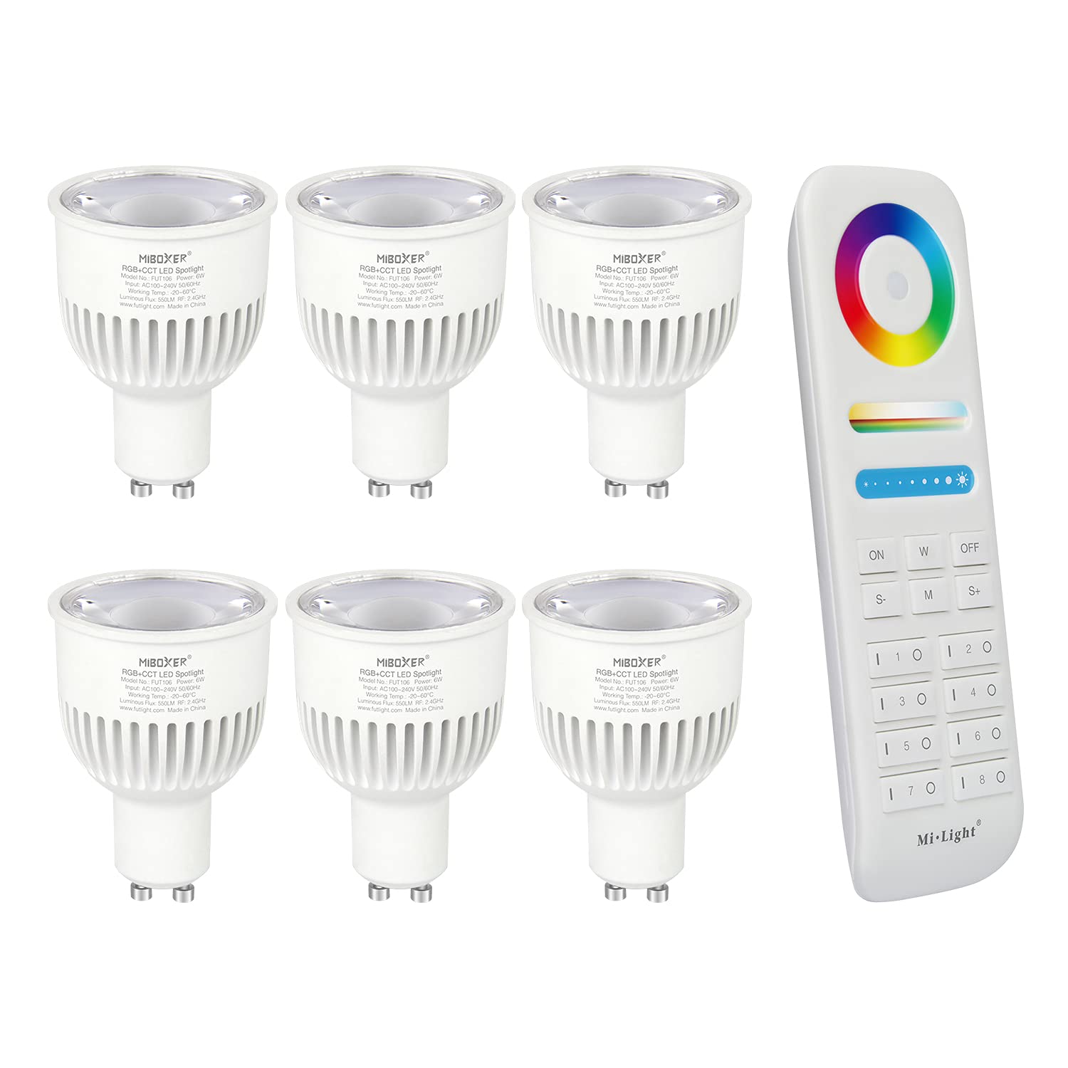lighteu®, 6X 6W GU10 RGB+CCT LED Spotlight Color Changing and CCT WW CW Temperature Adjustable, Original Mi-Light, Bulb with a 8-Zone Remote (6X FUT106+FUT089)
