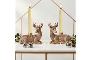 NEWINHOME Gold Animal Candle Holders - Deer Set of 2 Vintage Rustic Pedestal Candlesticks,Holiday & Themed Decor, Easter Decorations, Centerpieces for Fireplace Mantle & Dining Table