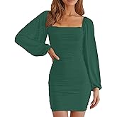 OKIFOIR Mesh Cocktail Dresses for Women Elegant Square Neck Lantern Long Sleeve Mini Ruched Bodycon Party Dress