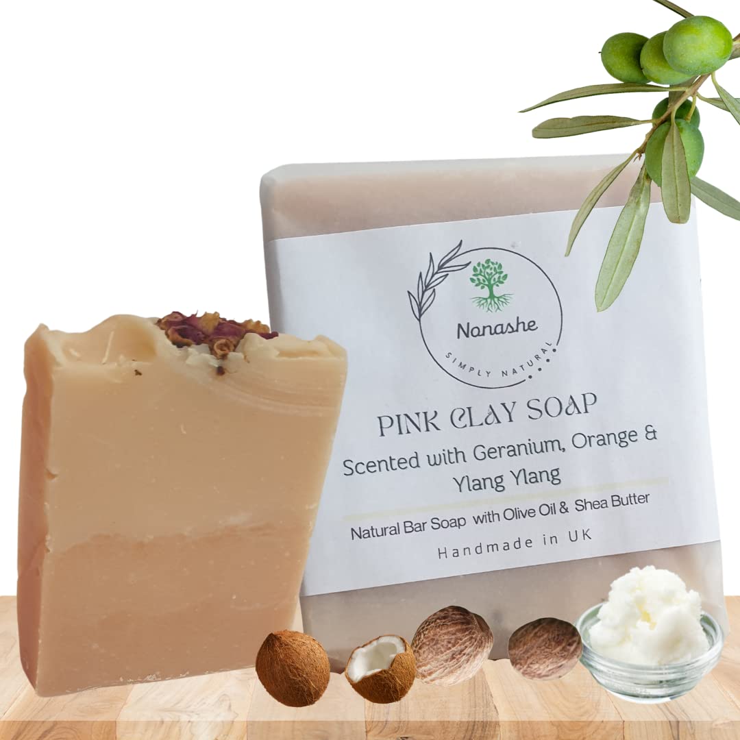 Nonashe Handmade Pink Clay Bar Soap With Olive Oil For All Types Skin,Natural Ingredients,Vegan & Palm Oil Free -Face and Body Soap for Women & Men (Geranium, Orange & Ylang Ylang, 50 g (Pack of 1))