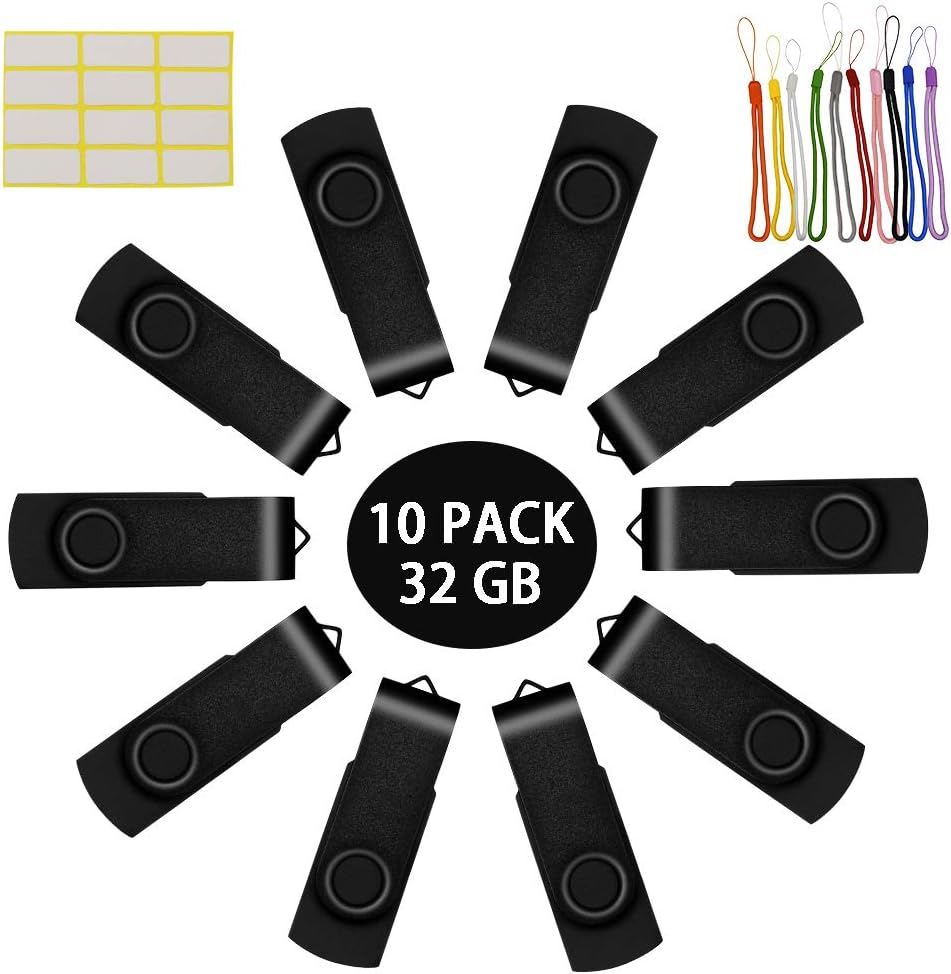Uflatek Flash Drive 8GB 10 Pack USB 2.0 Thumb Drives Memory Sticks Portable USB Stick Rotate Jump Drive Bulk Drives Black Pendrive Metal USB Flash Drives with Lanyard