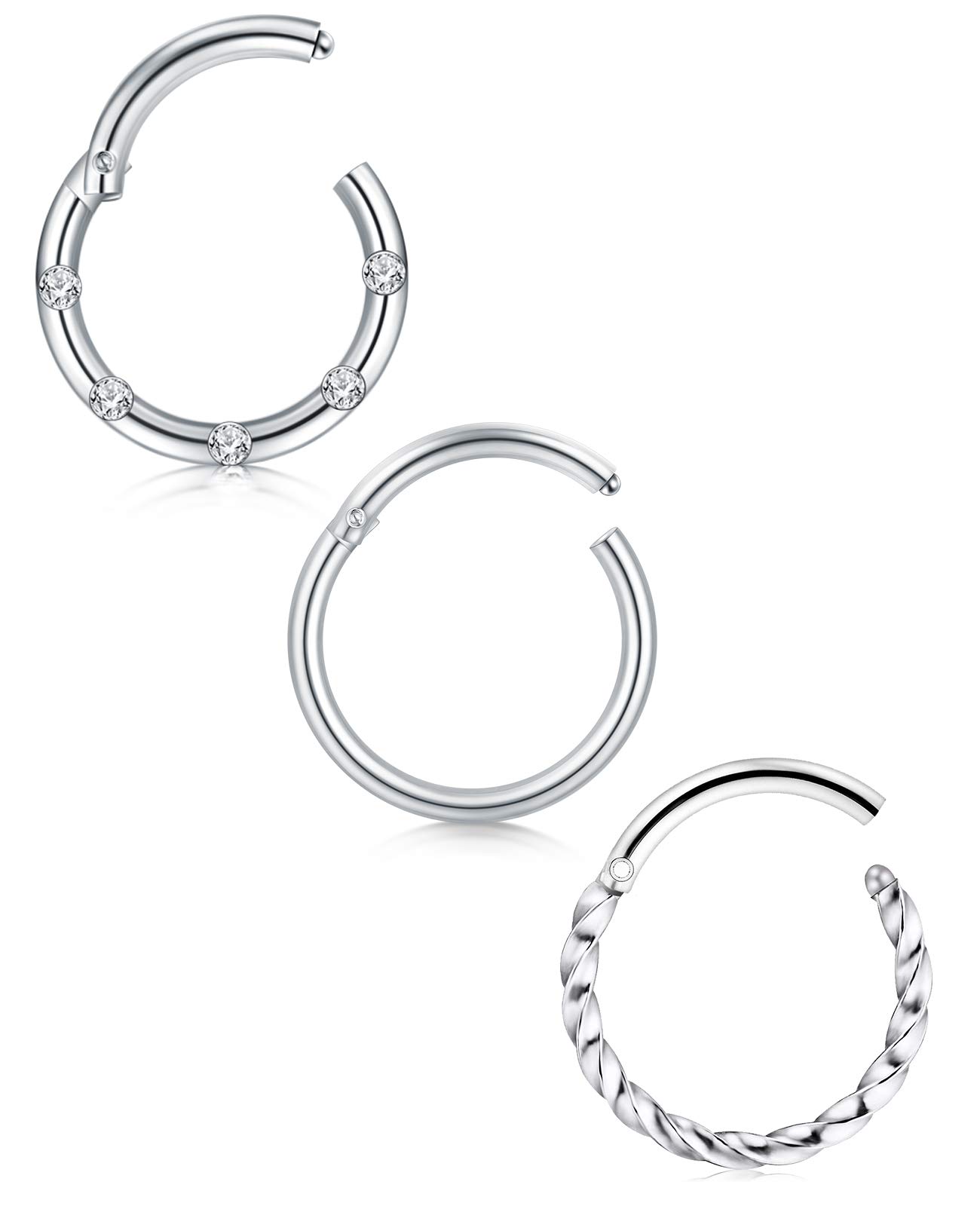 Mayhoop 18G Nose Ring Nose Piercing Rings Surgical Steel Silver 8mm Hinged Segment Clicker Rings Hoop Eyebrow Lip Bars Tragus Daith Helix Earrings Piercing Jewellery 3Pcs