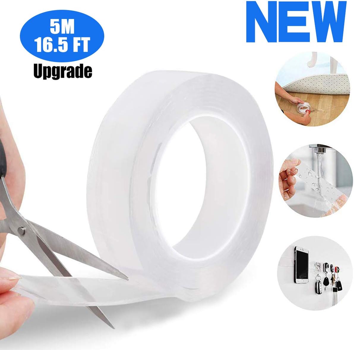 Multipurpose Nano Grip Tape Reusable Removable Washable Double Sided Sticky Strips Seamless Traceless Tape Adhesive Kitchen Holder (Clear - 5M/16.5ft)