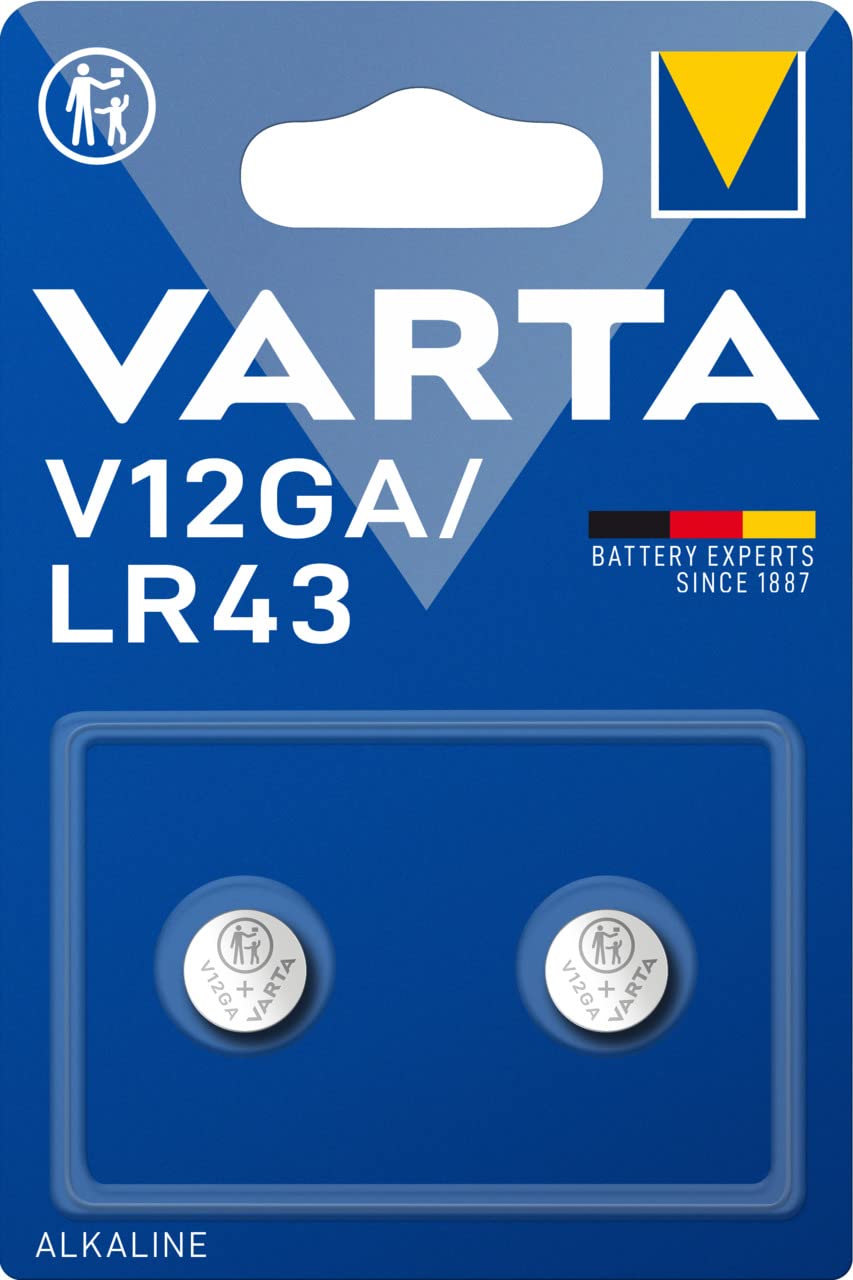 Varta V12GA / LR43 Alkaline Button Cell Batteries Pack of 2 in Original Blister Packagingc