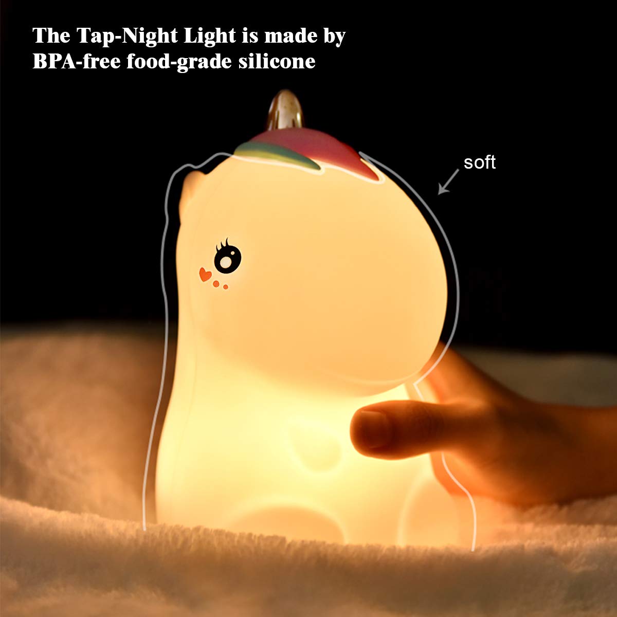 Unicorno Luce Notturna LED per Bambini, Sunvito Cute Lampada USB Ricaricabile in Silicone, Controllo Touch, Luce Calda Dimmerabile e 7-Colore Regolabile (Bianco)