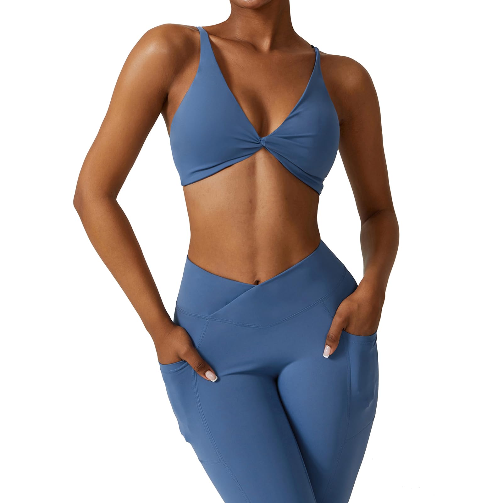 Photo 1 of ABOCIW Workout Sets Crossover High Waist Leggings for Women with Pocket V Neck Twist Front Sports Bras for Women 2 Piece Yoga Gym Sets Crossover Blue Large