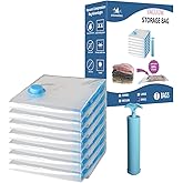 7 Pack Small Space Saver Vacuum Storage Bags for Clothing Travel, Vacuum Seal Compression Bags for Clothes, Packing, Luggage, Blankets, Comforters and Pillows, Hand Pump Included