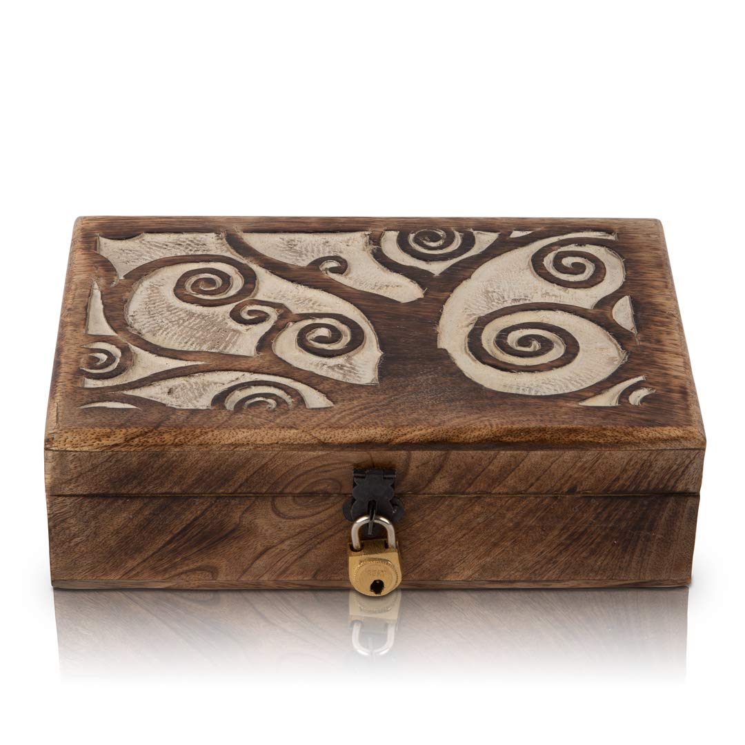 Great Birthday Gift Handmade Decorative Wooden Jewelry Keepsake Box With Tree Of Life Carving & Lock & Key Jewelry Organizer Treasure Chest Trinket Holder Watch Box Storage Lock (White)