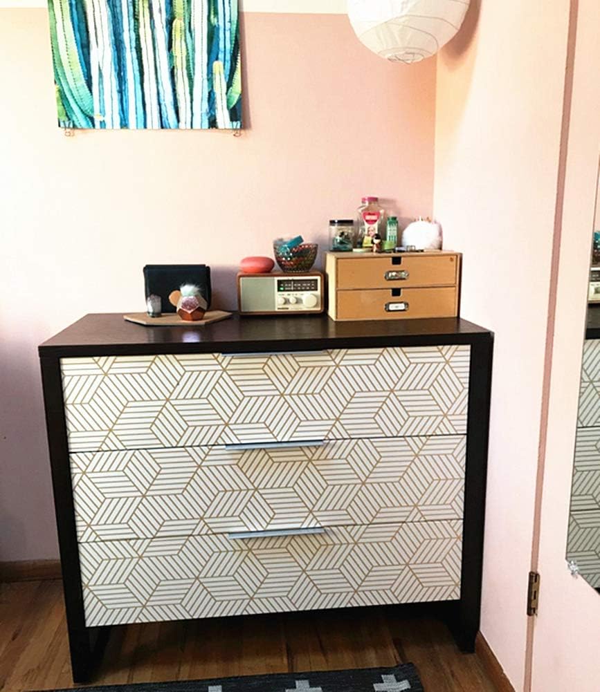 MESOAR Gold Stripped Peel Stick Wallpaper Hexagon Gold Stripes Adhesive Paper Vinyl Film Shelf Drawer Liner Sticky Back Plastic Roll 45cm by 300cm - Image 5