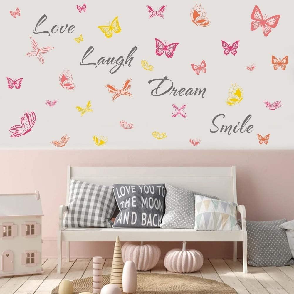 Romantique Stickers Muraux Pour Chambre De Filles Diy Sticker Mur Deco Salon Enfants Bebe Chambre Autocollant Muraux Citations Inspirantes Love Laugh Kairne 40pcs Colore Sticker Mural Papillon Bricolage Peintures Outils Et Traitement