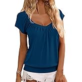 Hongqizo Womens V Neck T Shirts Cap Sleeve Summer Casual Shirts Banded-Bottom Loose Fit Basic Tops