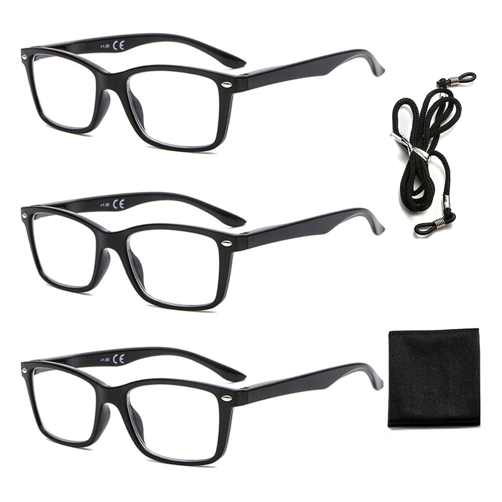 Suertree 3 Pack Reading Glasses with Glasses Rope Glasses Cloth Spring Hinge Computer Glasses Square Presbyopic Reader Glasses Aided Eyelasses Unisex 3.5 BM151 — image 1