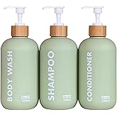 OLLIES Shampoo and Conditioner Dispenser, Shower Soap Dispenser for Bathroom-Set of 3 with Permanent Stylish Label-17oz, 500ml Refillable Shampoo and Conditioner Bottles Green