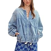 chouyatou Women Spring Fall Oversized Jean Jacket Trendy Lightweight Y2K Floral Denim Bomber Jacket Coat