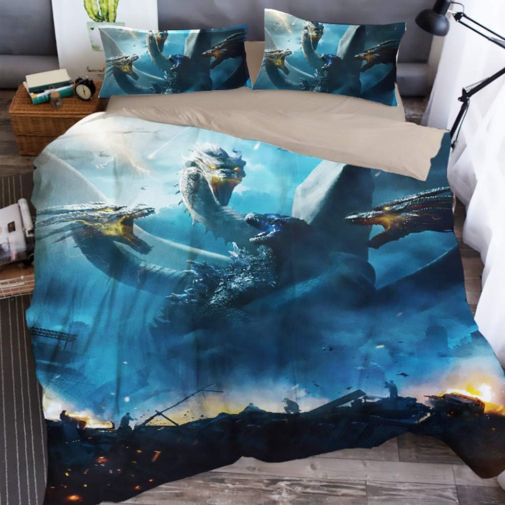Huli Printed Godzilla Dinosaur Duvet Cover Soft Microfiber 3D Cartoon Bedding Sets with 3 Pieces 1 Duvet Cover 2 Pillowcases, Best Gift for Kids,Queen