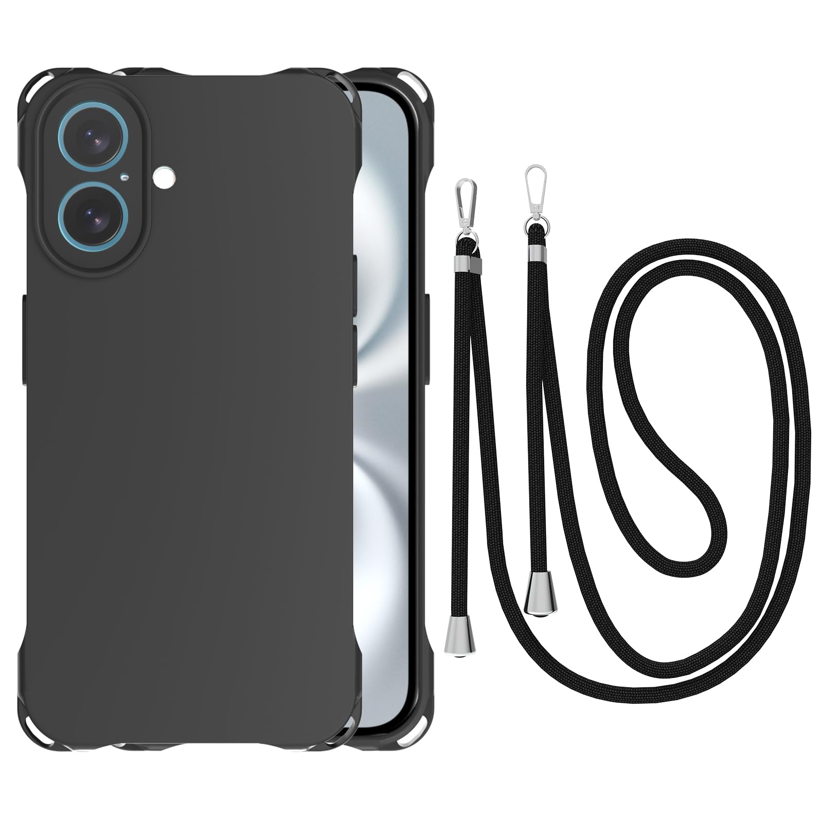 CAROKI Crossbody iPhone 16 Plus Case, Lanyard Protective Liquid Silicone Case with Adjustable Length Detachable Lanyard Rope Shockproof Hands-Free Clear Phone Cover for iPhone 16 Plus-Black