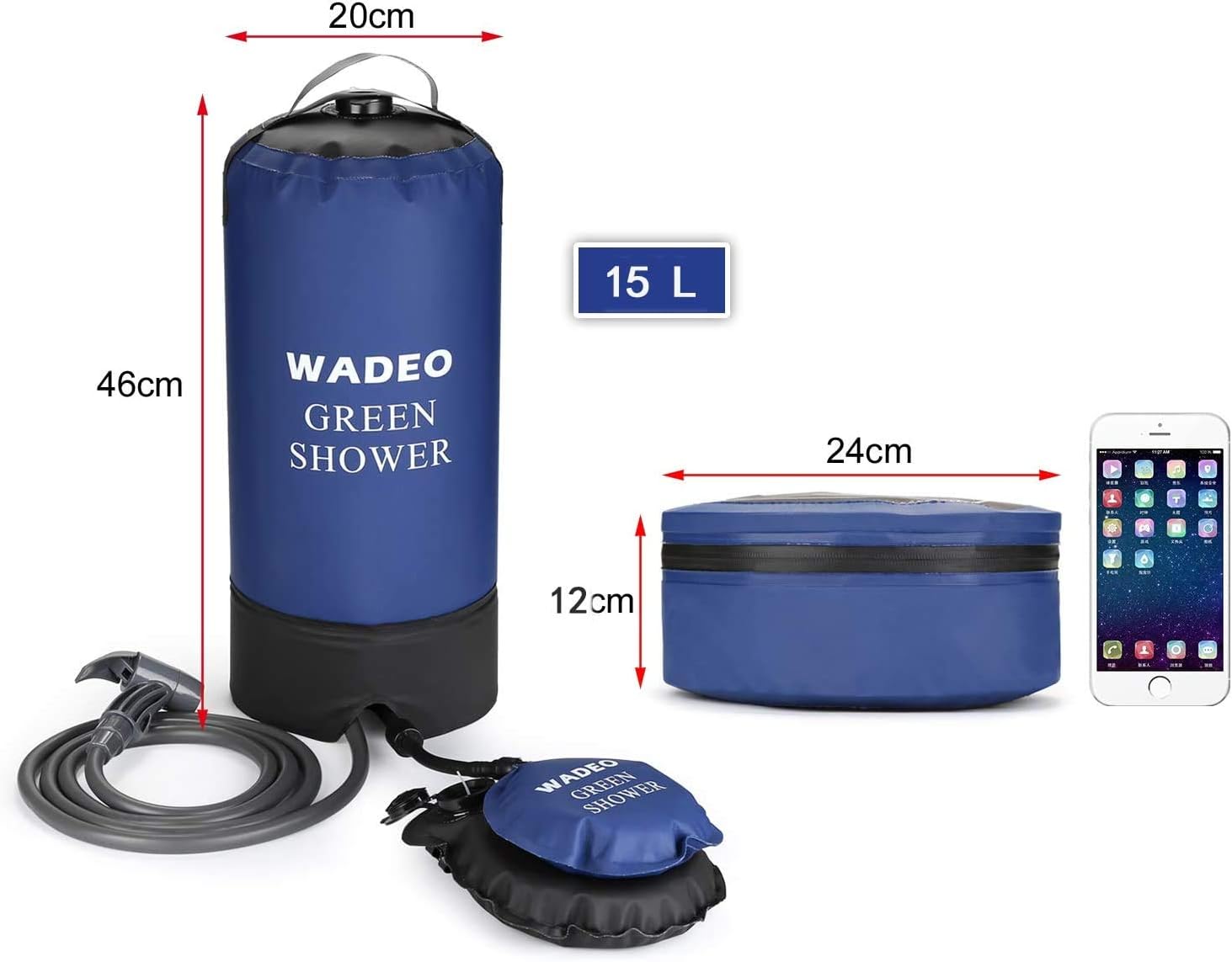 WADEO Camp Shower, 4 Gallons Portable Outdoor Camping Shower Bag Pressure Shower with Foot Pump and Shower Nozzle for Beach Swim Travel Hiking Backpacking - 15L, Blue : Sports & Outdoors