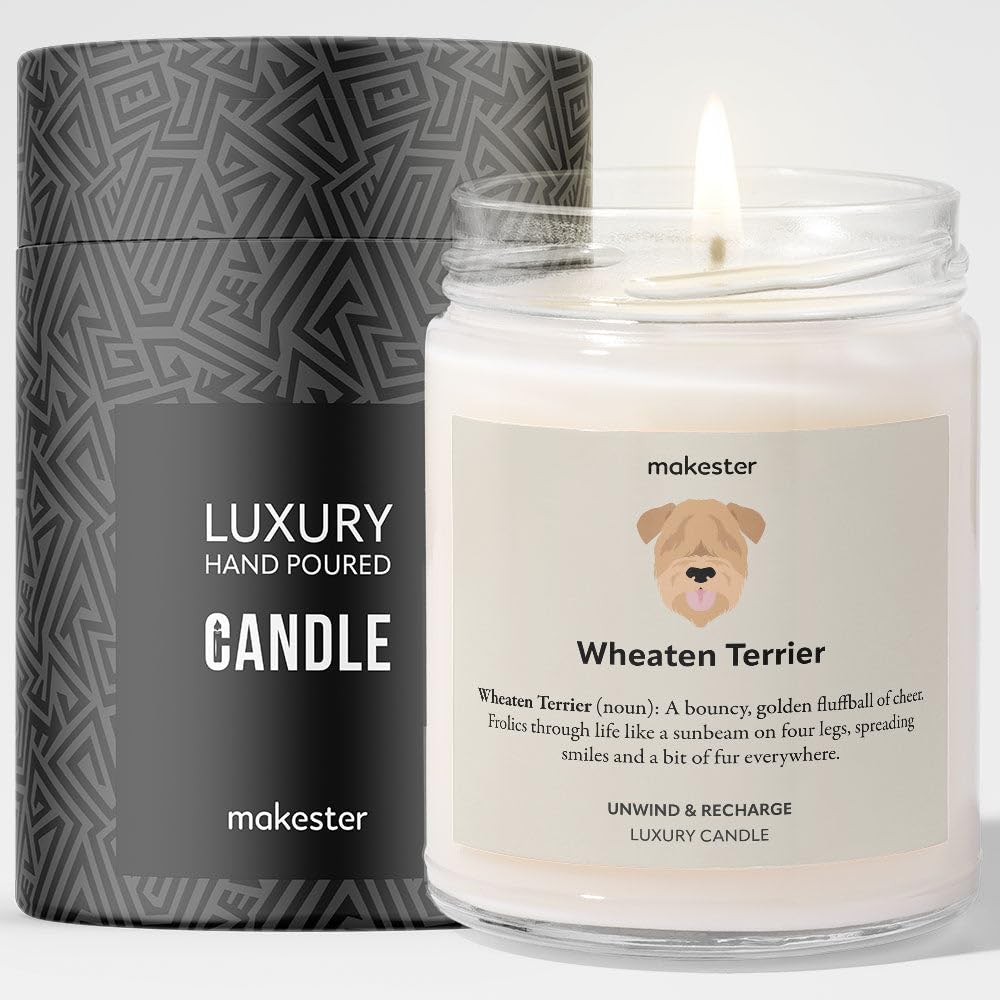 Wheaten Terrier Gifts - Luxury Soy Wax Candle - Vanilla, Jasmine, Sugared Almond - Makester
