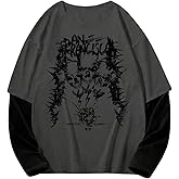 SOLY HUX Men's Graphic Tees Y2k Gothic Skull Print Long Sleeve T Shirt 2 in 1 Crewneck Casual Tops Streetwear