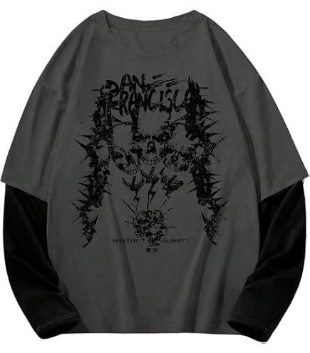トップス darkwear punk boarder long sleeve shirt2 jupkem Men's Goth Baggy Shirt Y2k Graphic Print Long Sleeve Tees
