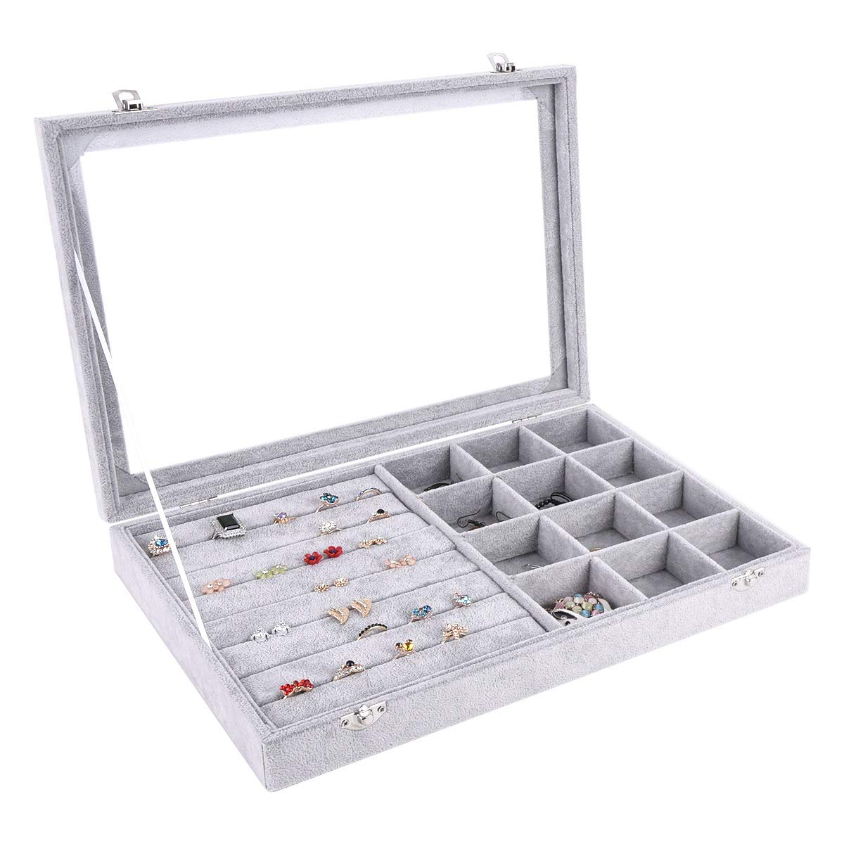 AUTOARK Ice Velvet Clear Lid 12 Grid Jewelry and 7 Slots Jewelry Rings Earrings Tray Showcase Display Organizer,AJ-026