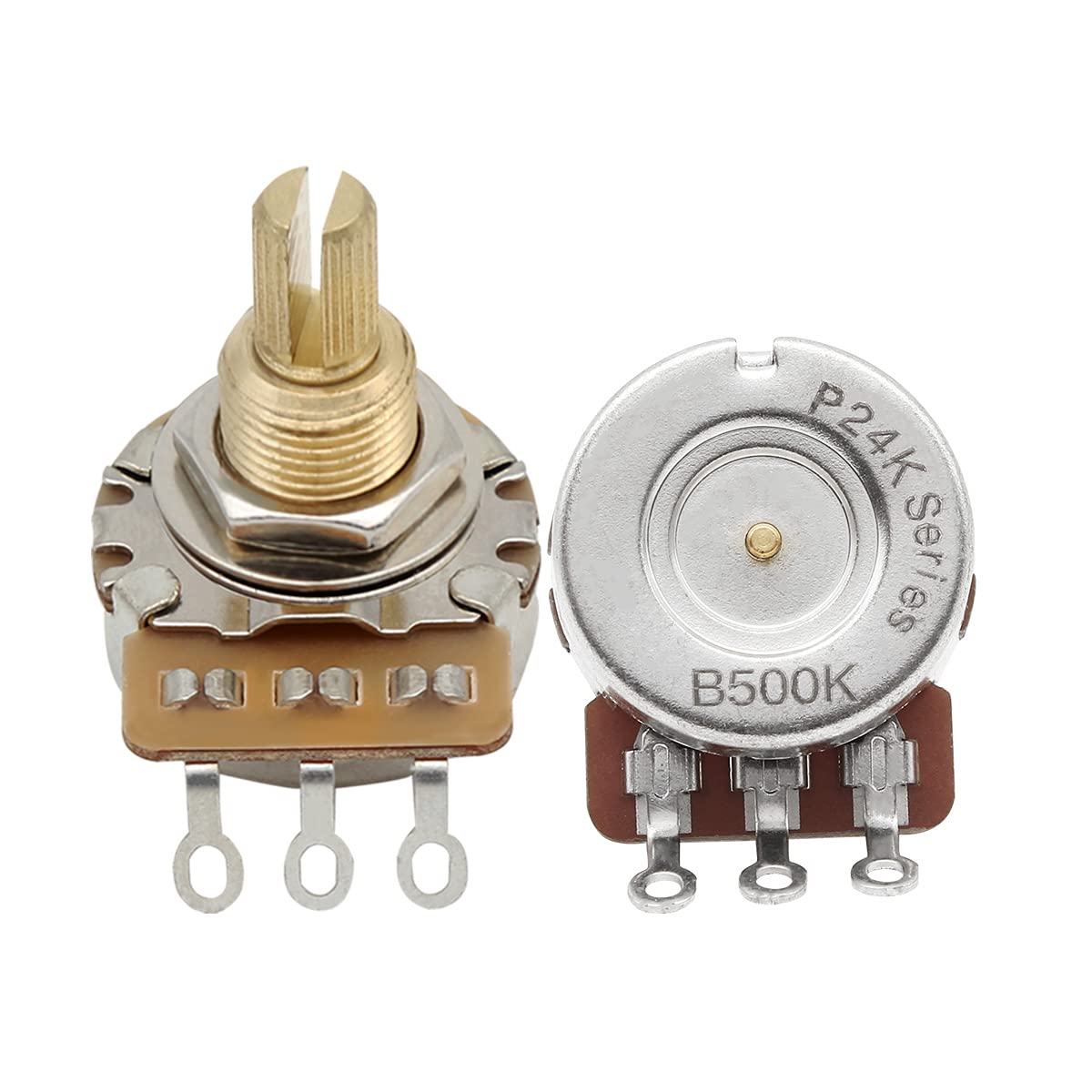 FLEOR Long Brass Shaft Control Pots B500K Linear Taper Potentiometers 24 Spline Split Shaft D3/8" for Electric Guitar Control Volume Tone, Pack of 2