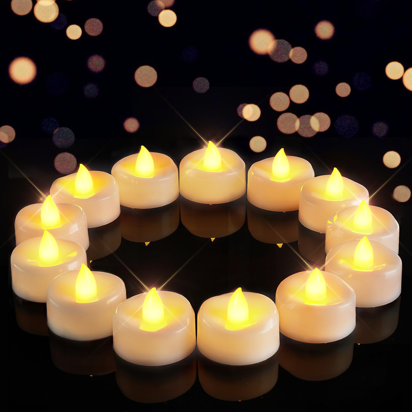 Photo 1 of merrynights LED Candles, 50Pack Tea Lights Candle Battery Operated Bulk, Flameless Tealight Candle, Realistic Tea Lights for Christmas Halloween Wedding Diwali Decor, 1.5'' D X 1.25'' H, Warm Yellow