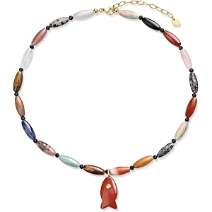 LuxSep Colorful Beaded Necklace for Women, Fish Pendant Gemstone Necklace | Colorful gemstone beaded fish necklace for women,
