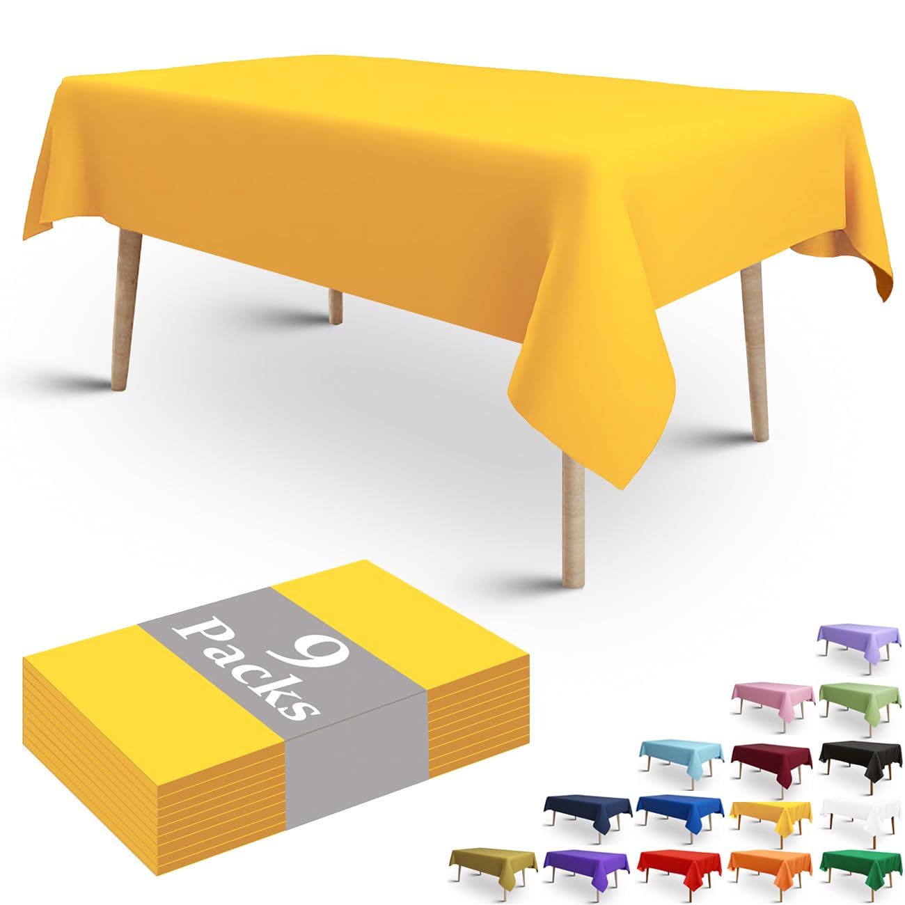 FULDGAENR 9 Pack Yellow Plastic Tablecloths, 54x108 Inch Size for 6-8 Foot Rectangle Table, Indoor/Outdoor Parties, Birthdays, Weddings, Anniversary