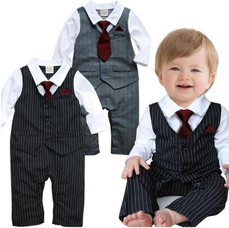 Handsome Tie Striped Vest Formal Wear Wedding Baby Boy Romper Oneise
