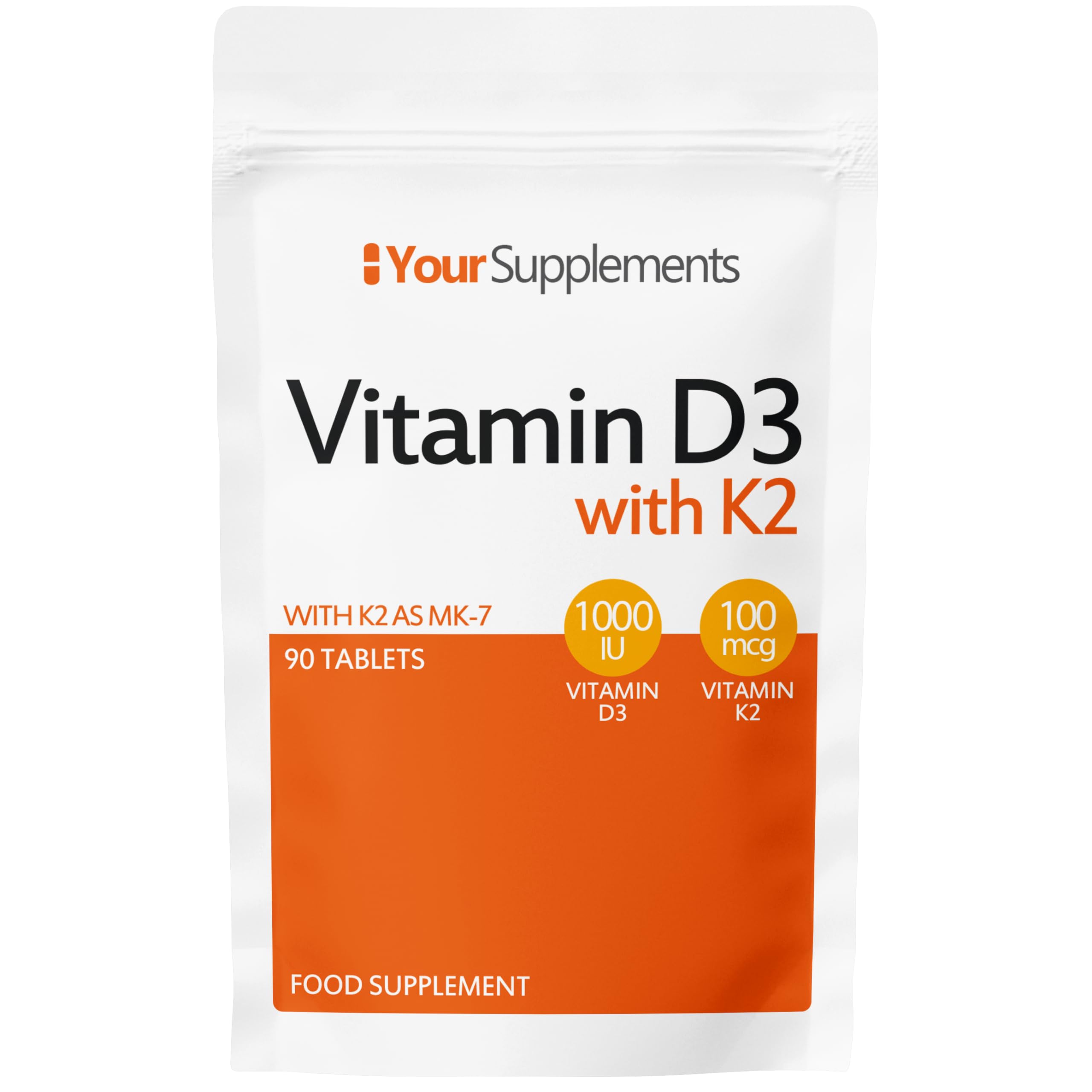 Your Supplements – Vitamin D3 1,000 IU with K2 100mcg – Supports Bone Health (90 Tablets)