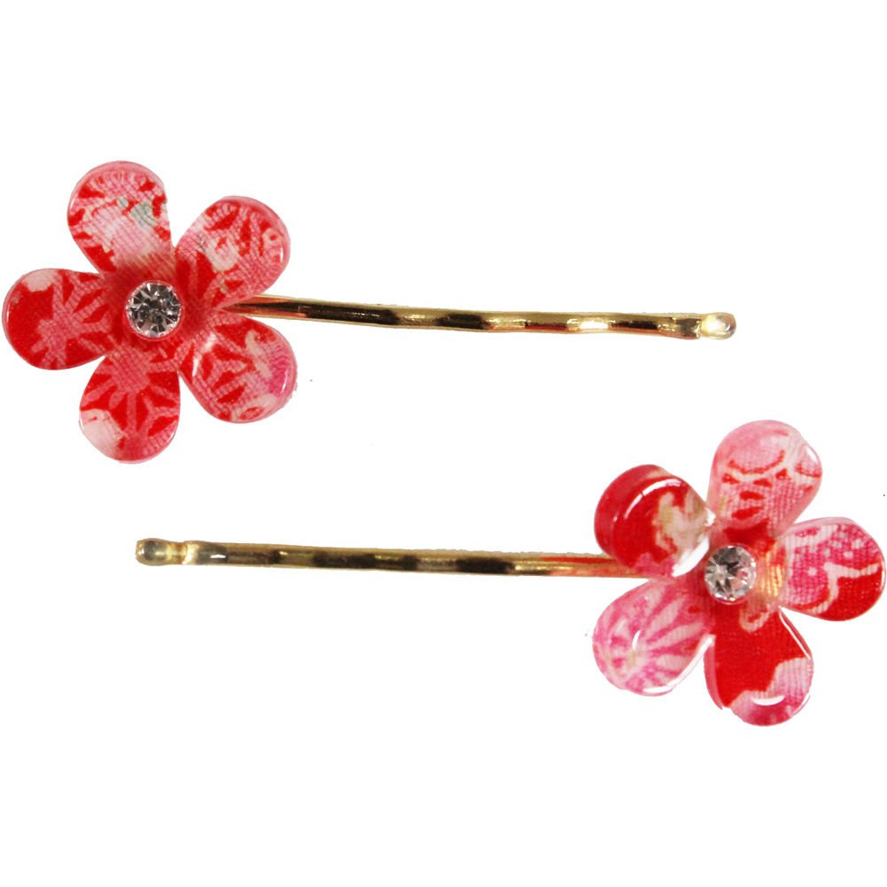 Japanese Chirimen Made Sakura Cherry Blossoms Design Hair Pin (Set of 2) Red