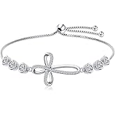 Ladytree Sterling Silver Cross Bracelet for Women Adjustable Christian Faith Bracelet Religious Jewelry Gift for Her