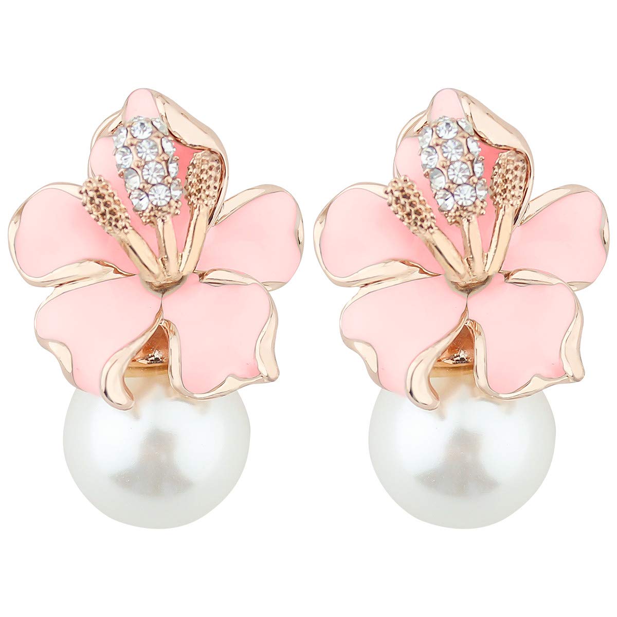 Mecool Women Impatiens Earrings Faux Pearl Earrings Inlay CZ Enamel Ear Clip Earrings | Pearl Drop Earrings for Women | Fashion Jewellery Girls Earrings | Unique Earrings-Pink