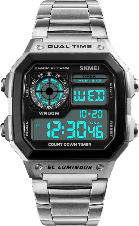 Men's Digital Sport Watch Waterproof 50M Classic Square Stainless Steel Chic Multi-Function Wrist Watches Chronometer Countdown Luminous Watch Alarm Calendar Dual Time Backlight Unisex Watch