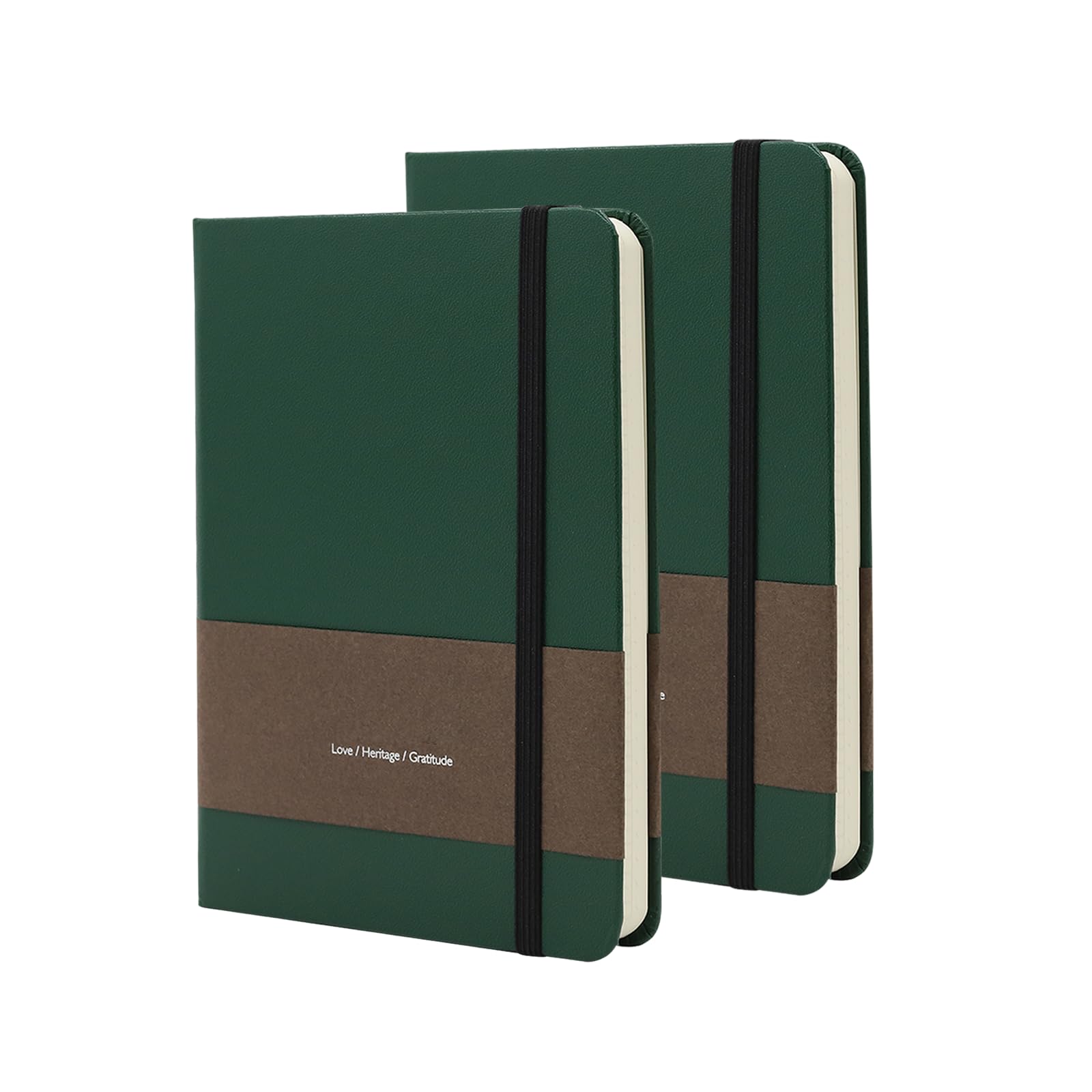 TUNJILOOL A6 Leather Journal Notebook - 2Pack Dotted/Grid/Blank Pages, 100GSM Thick Paper, Water-Resistant Cover, Elastic Closure & Inner Pocket (Green)