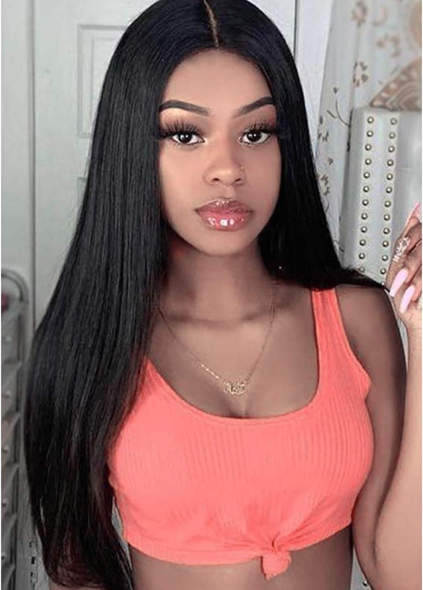 Lace Front Black Wig GLAMADOR 22'' Long Straight Middle Part Synthetic Wig, Natural Looking Middle Length Lace Wig, Women Shoulder Hair Full Wigs Heat Friendly, Pre Plucked Daily Use Wig with Free Wig