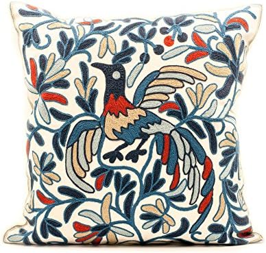 Paradise Bird Embroidered Throw Pillow Cover