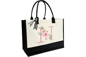 JOJHDR Initial Canvas Beach Tote Bag with Printed letter,Personalized Gifts for Women,Mom,Friends,Teachers and Bridesmaids