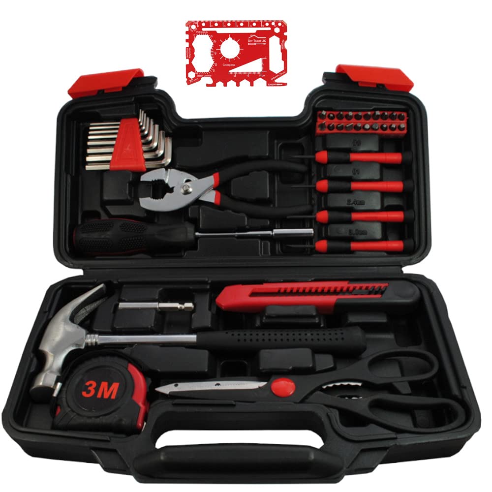 DIY TECH UK - Tool Kit Set Box 43 Piece Home Business Repair DIY Tools for Men Women - Hammer, Pliers, Tape Measure, Screwdrivers, Allen Keys, Box Cutter + Free 48 in 1 Credit Card Gadget + Carry Case